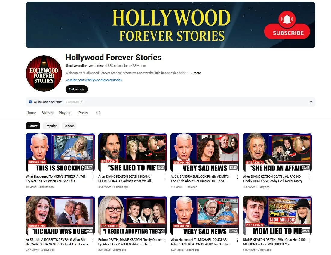 Ảnh chụp trang kênh Hollywood Forever Stories với các thumbnail chân dung diễn viên kèm chữ 'This is shocking', 'Very sad news'